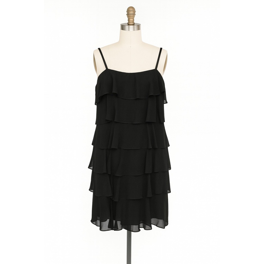 LOFT Womens Black Tiered Ruffle Dress Size 12 Sleeveless Holiday ‎ Cocktail LBD